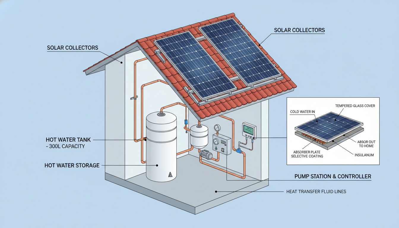 Diagram of a split solar water heater with flat plate solar collectors, hot water tank, pump station and controller